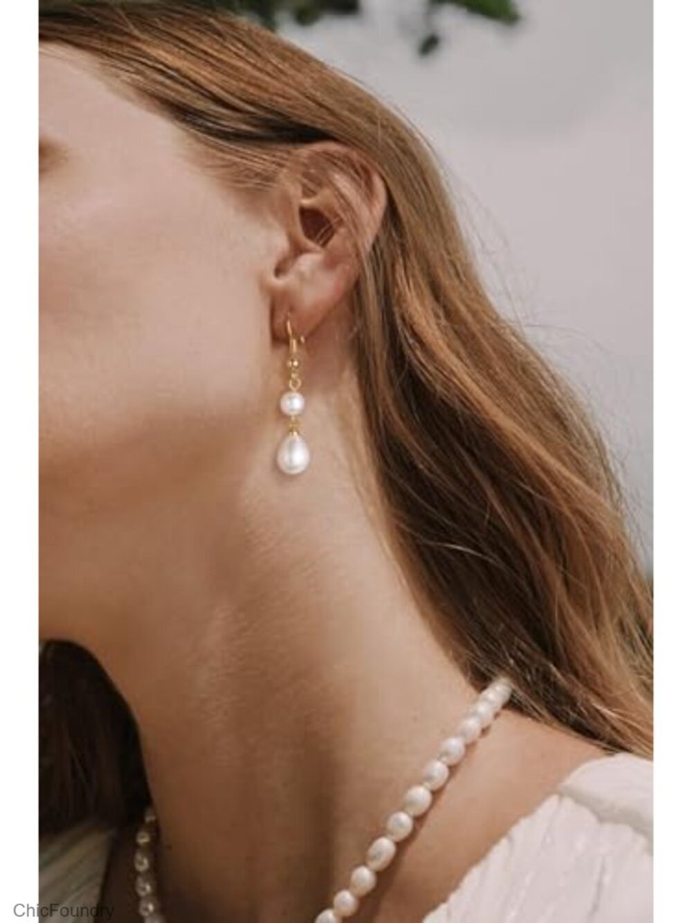 Gold Plated Freshwater Pearl Dangle Drop Earrings with Bow Design - Picture 3 of 6